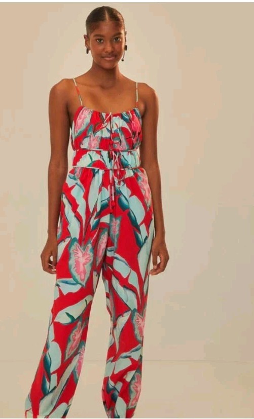 Farm Rio Red Summer Foliage Printed Organic Cotton Jumpsuit SZ M