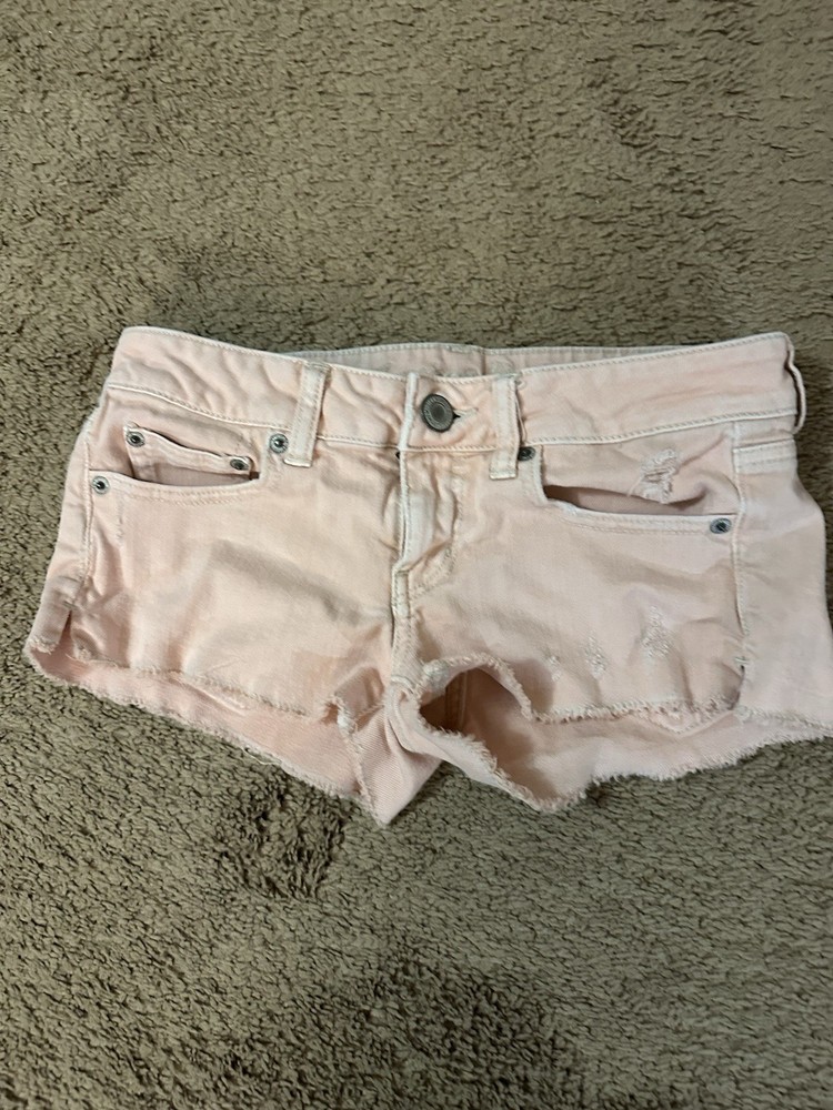 American Eagle Women’s Y2K Pink Denim Rough Hem Shortie Shorts Size 2 Stretch