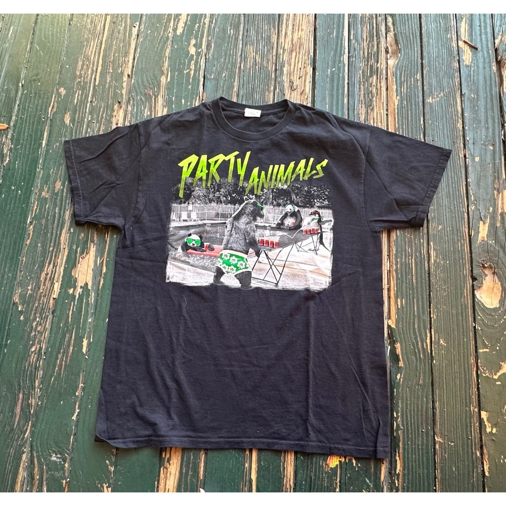 Gildan Party Animals Beer Pong Graphic T-Shirt Mens Large Black Neon Green