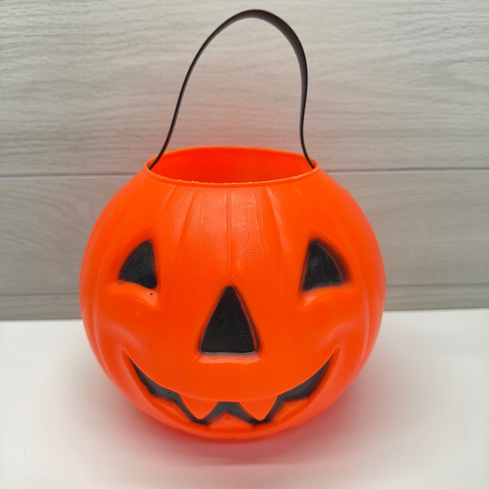 Vintage 1980 Halloween Blow Mold Pumpkin Candy Pail Bucket Carolina Enterprises