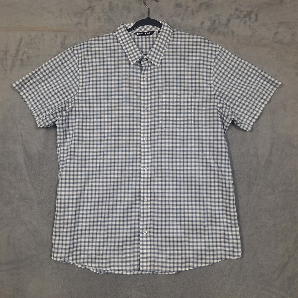 Travis Mathew Shirt Mens 2XL Gray Blue Plaid check Button Up Short Sleeve casual