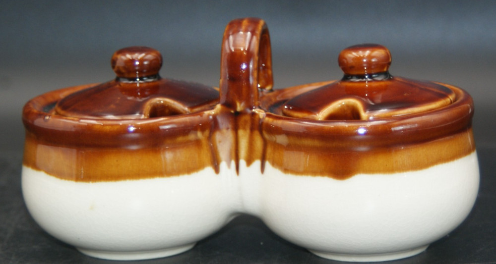 Vintage Brown Glazed Stoneware Double Condiment Server with Lids & Handle –...