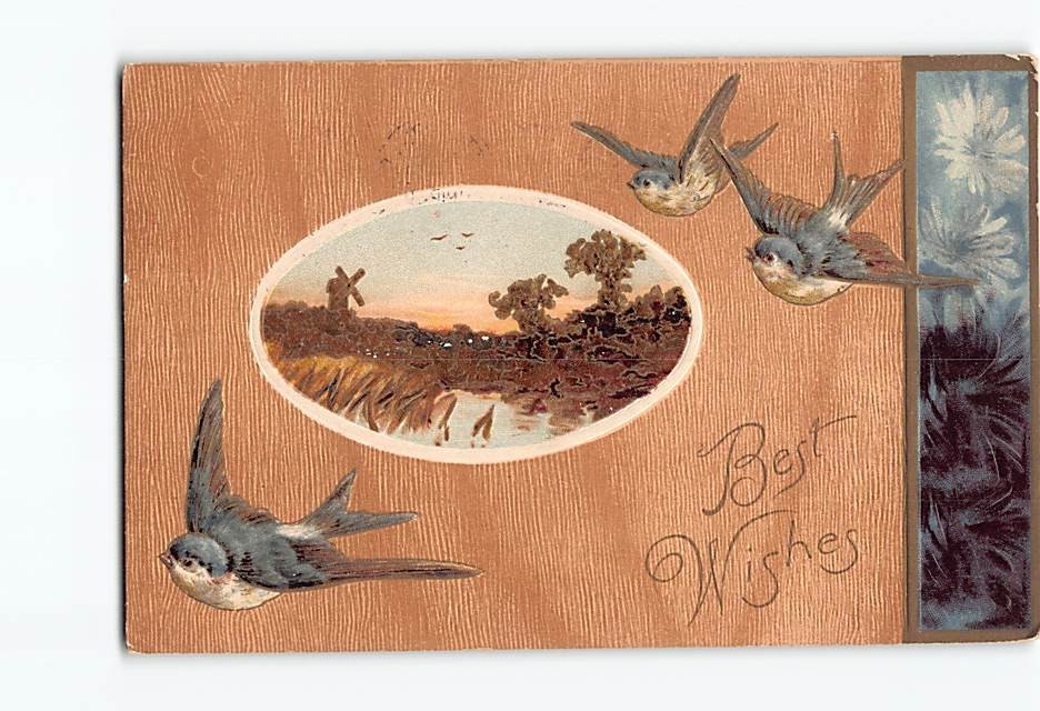 Postcard Embossed Birds and Rural Scene Art Print Best Wishes Greeting Card