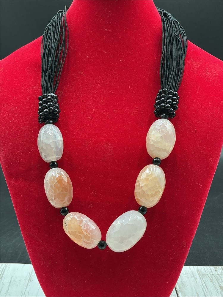 Handcrafted Chunky Agate Stone Necklace with Multi-Strand Black Cord Detail 21”