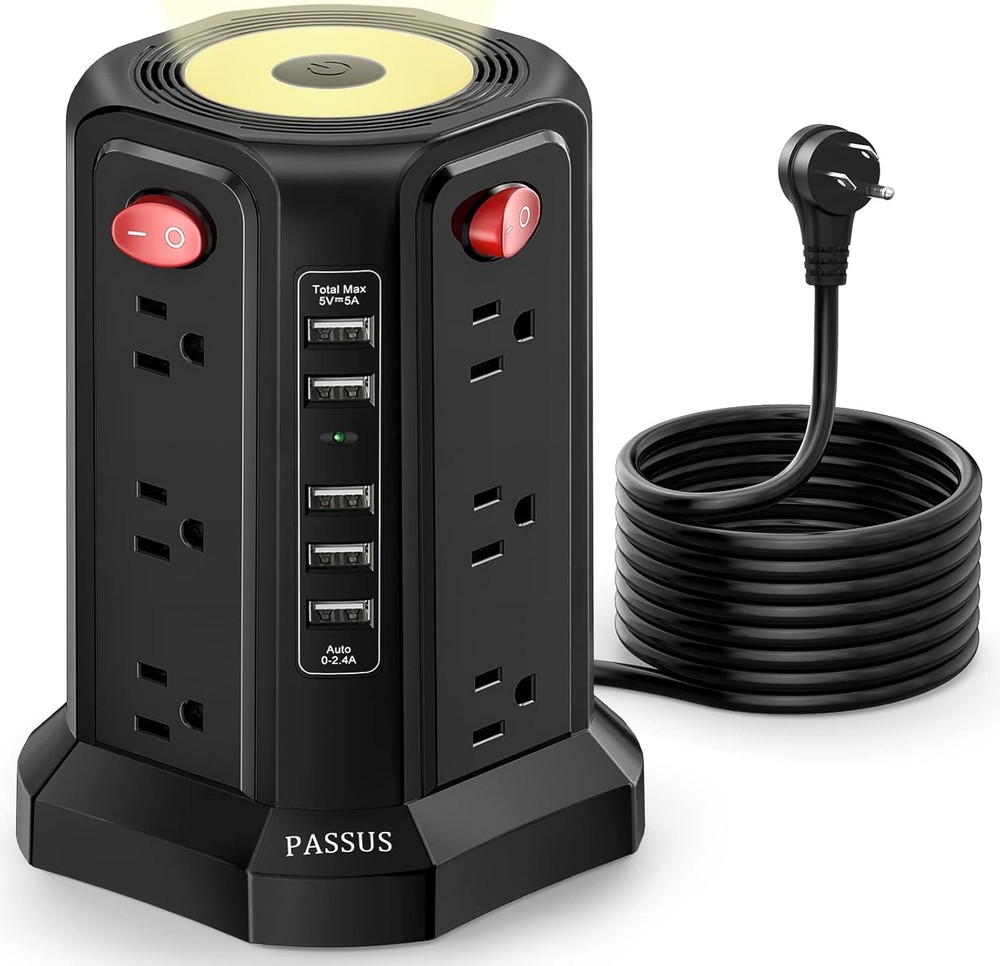 Surge Protector Power Strip Tower with 5 USB Ports and Night Light,10FT Black