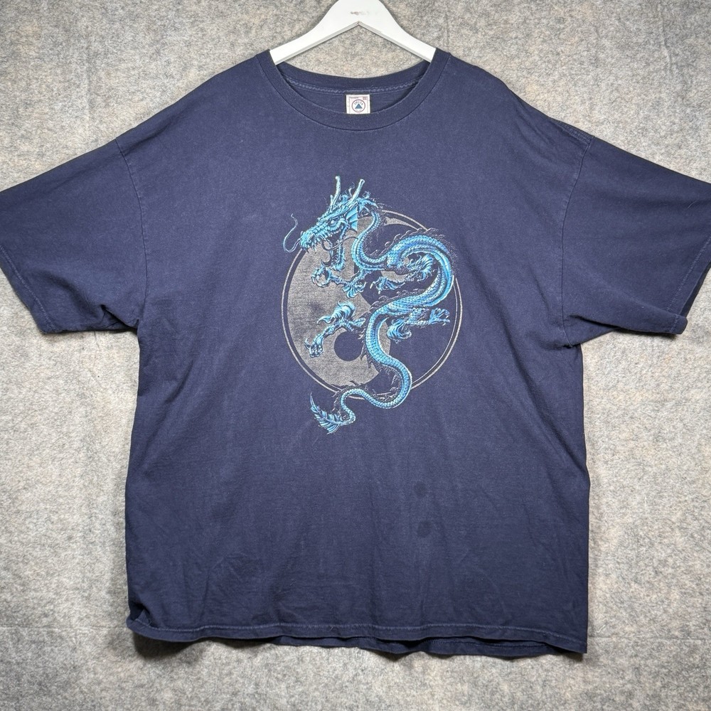 Vintage Y2K Dragon Yin & Yang Blue T Shirt Mens Size 3XL 27x34 Streetwear