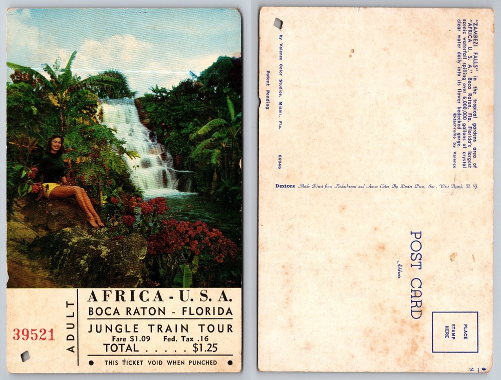 Vintage Africa U.S.A. Postcard Ticket Zambezi Falls Boca Raton Florida Chrome