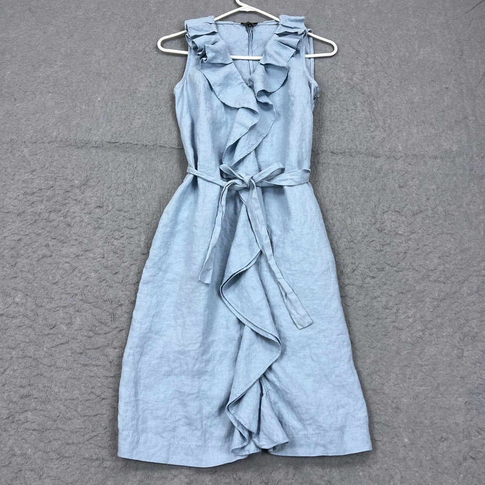 Talbots Dress Women's 4 Blue 100% Linen Ruffles V-Neck Sleeveless Tie Pockets