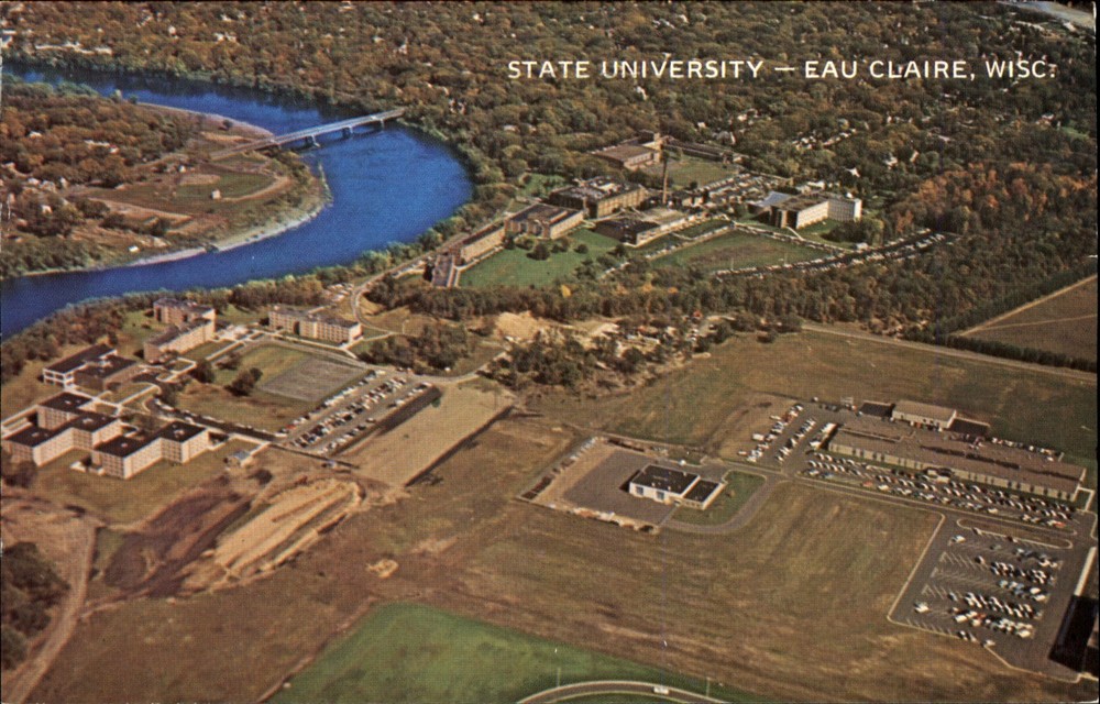 State University Eau Claire Wisconsin WI Chippewa River aerial view 1970s
