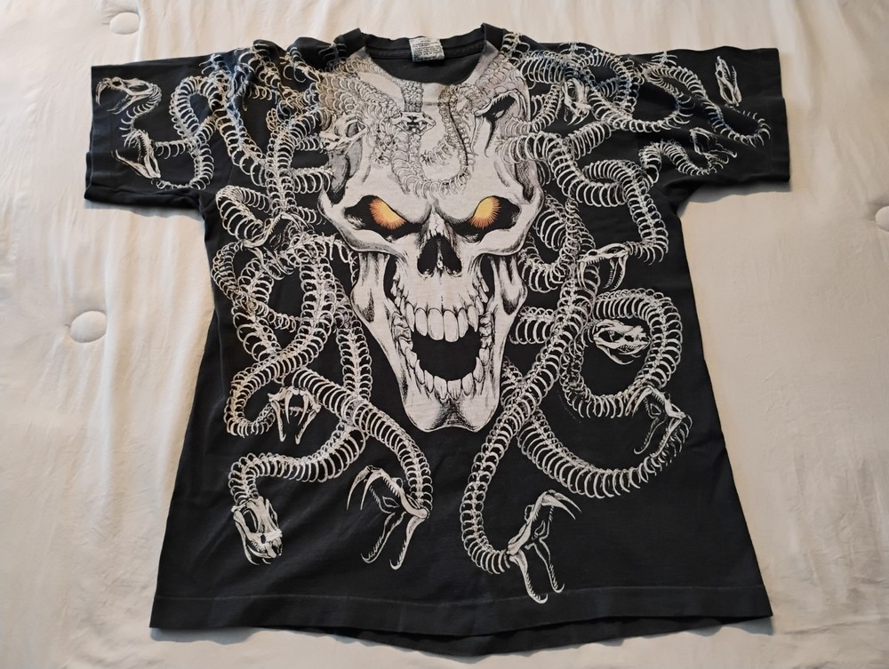 Vintage Liquid Blue Medusa Shirt 1993 Single Stitch All Over Print Skull Size M