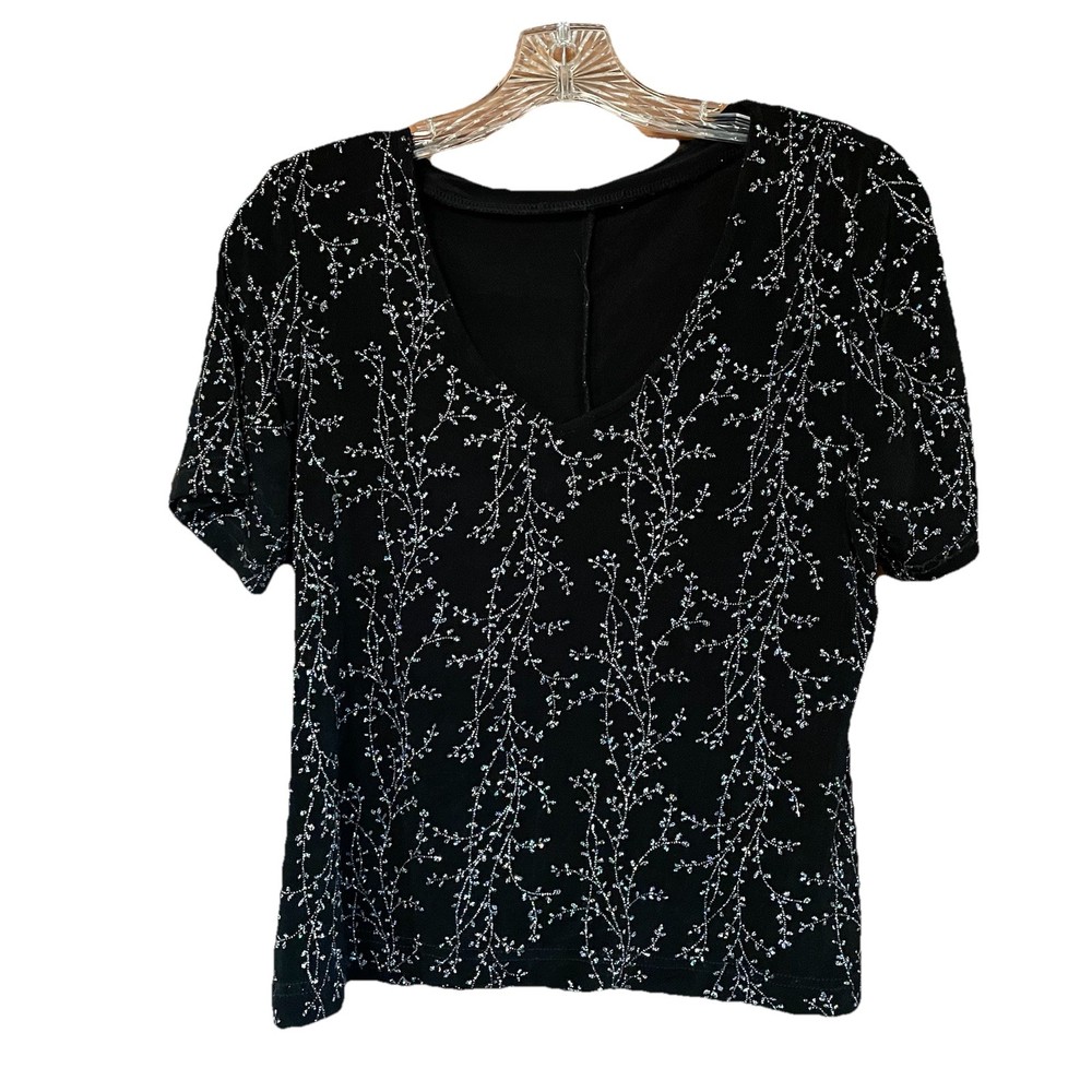 VTG 90s Black Glitter Stretch Floral T-Shirt Ronni Nicole Sparkly Top Size M
