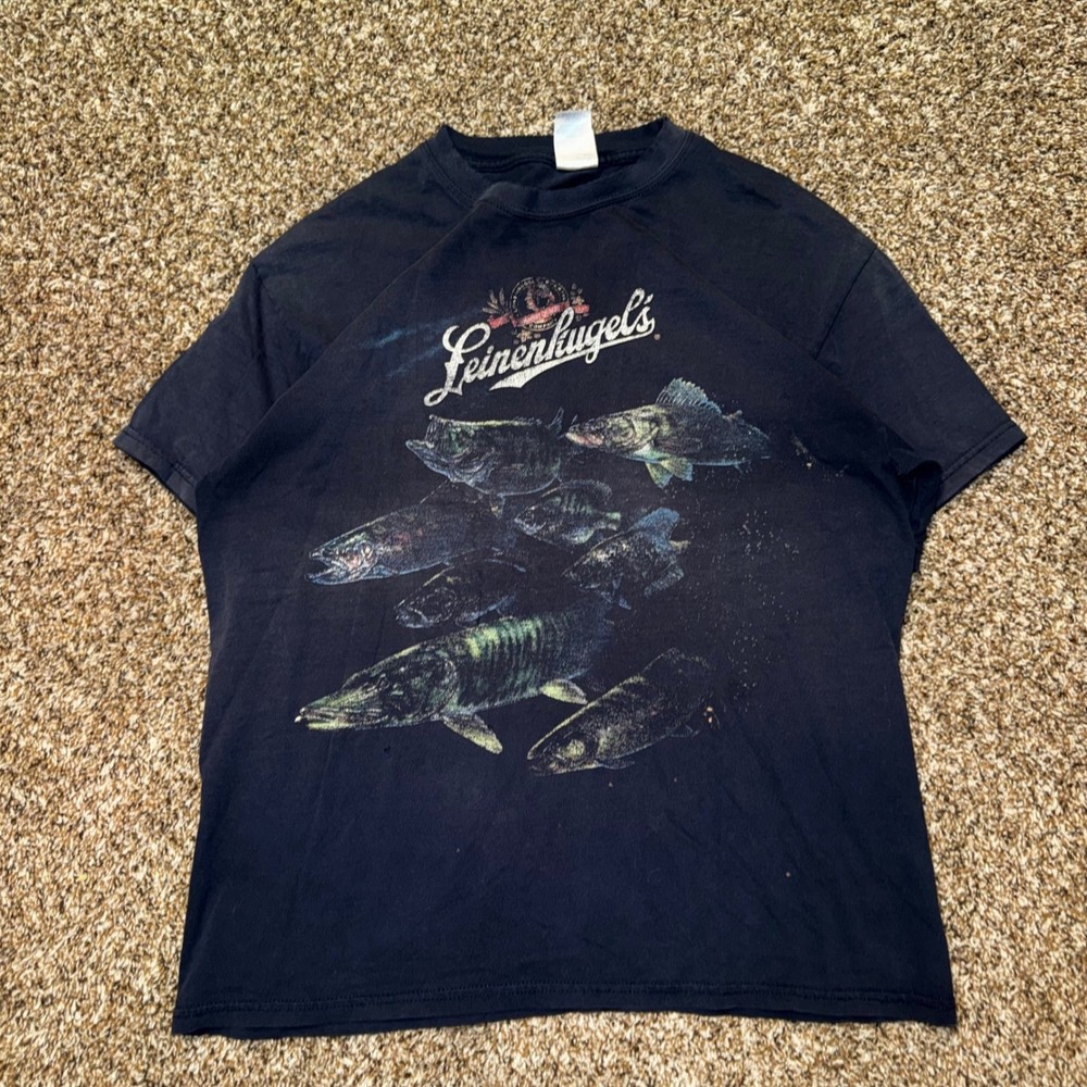 Leinenkugel's Beer Fishing T-Shirt Mens Large Navy Blue Fish Graphic Walleye
