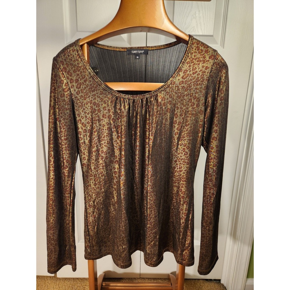 Karen Kane Womens XL Gold Metallic Leopard Print Micro Pleated Long Sleeve Top