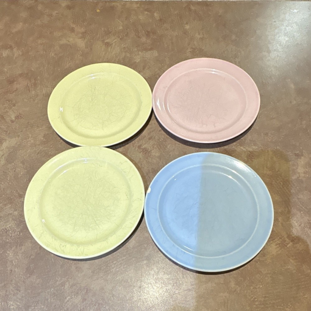LuRay Pastels Saucers  Set of 4 Yellow Pink Blue Vintage Art Pottery 1940’s