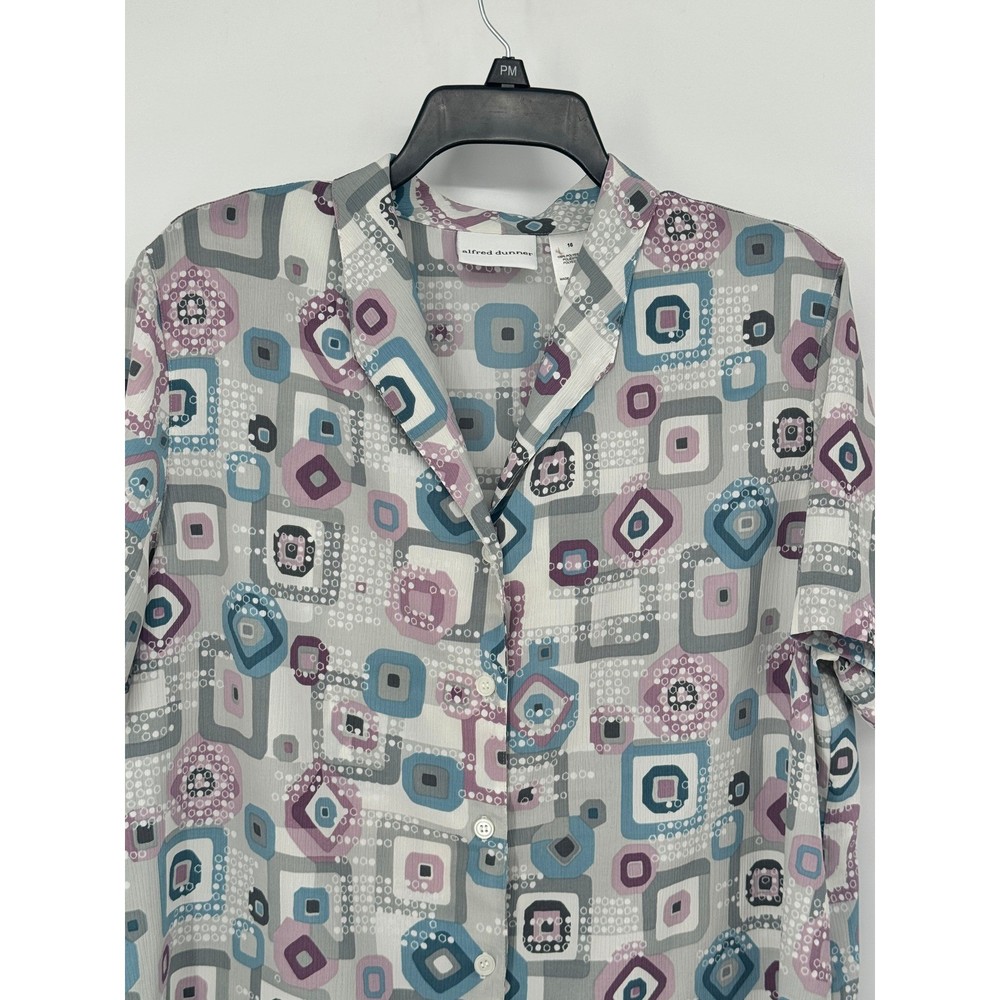 Alfred Dunner Button Down Blouse Womens 16 Multicolor Geometric Short Sleeve