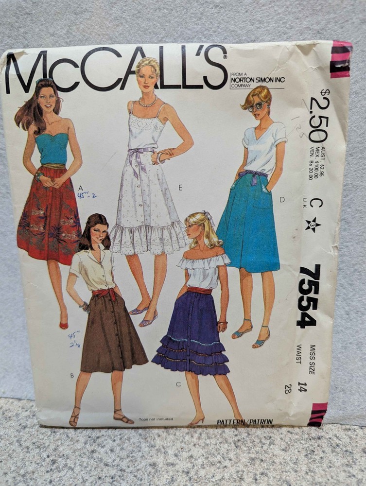 McCalls Sewing Pattern 7554 Misses Skirts Vintage 1980s, FF/UC