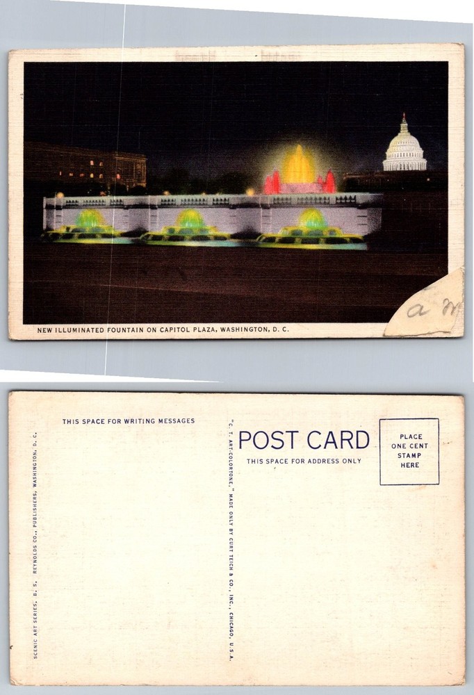 Washington DC Capitol Plaza Illuminated Fountain Night View Postcard