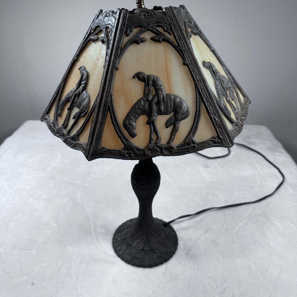 Vintage End Of The Trail Slag Glass Table Lamp Native American Horse Scene
