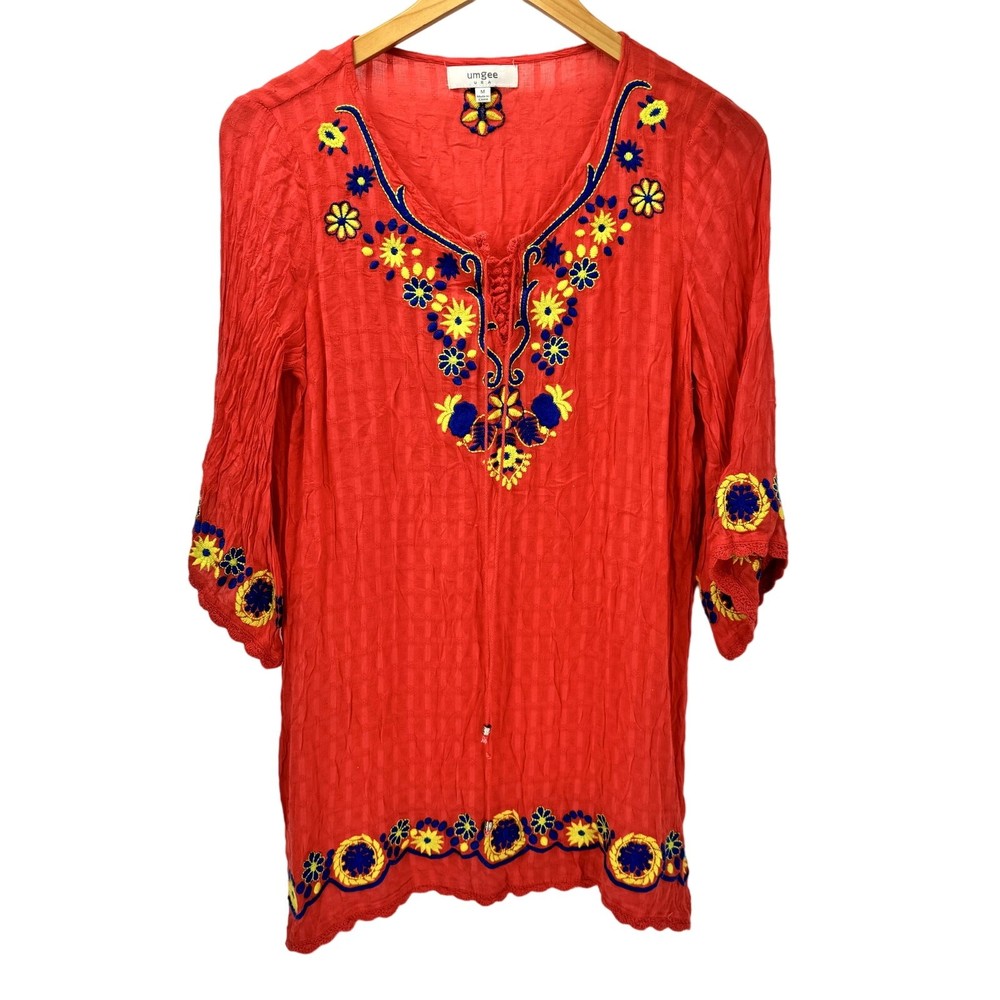 Umgee Tunic Top Womens Medium Pink Embroidered Boho Floral 3/4 Sleeve Pullover