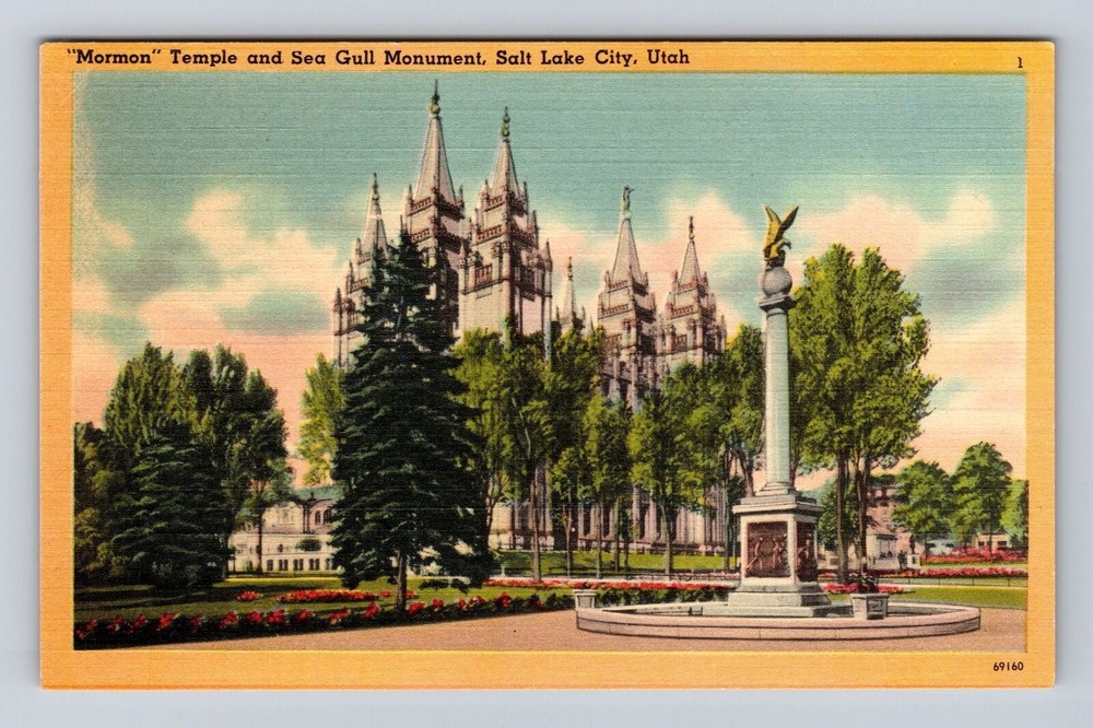 Salt Lake City UT-Utah, Mormon Temple, Sea Gull Monument, Vintage Postcard
