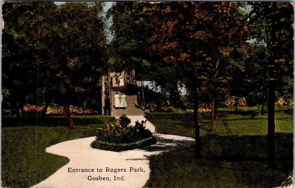 Antique Postcard 1918 Entrance to Rogers Park Goshen Indiana
