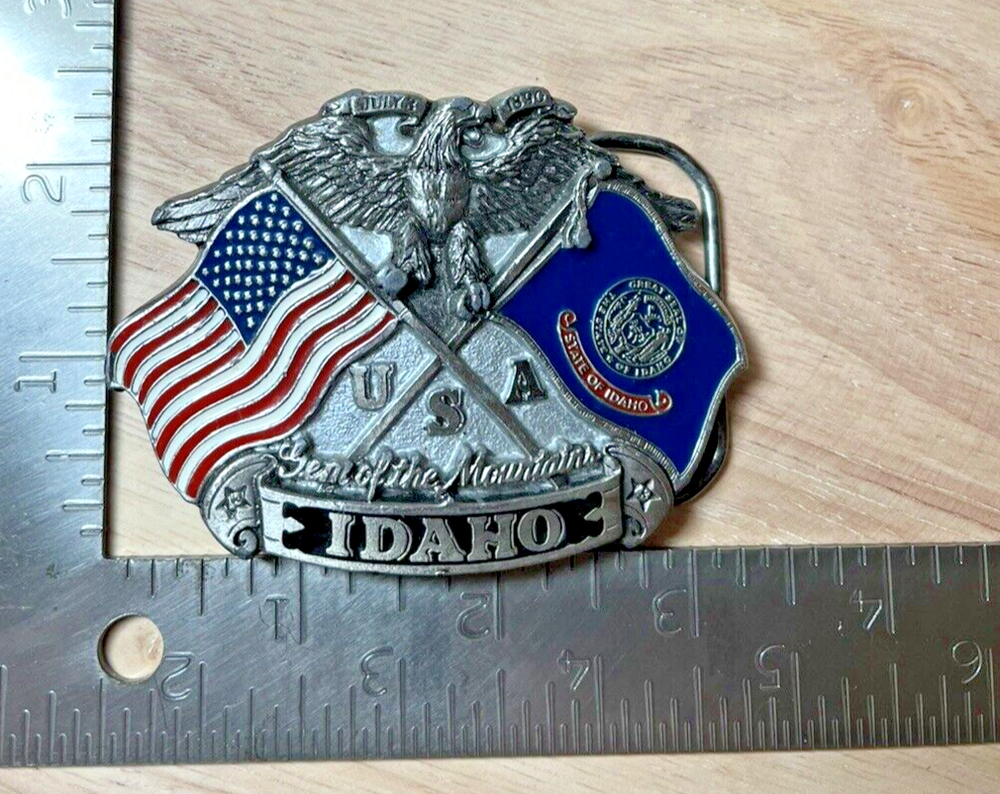 Vintage Idaho 1992 Pewter Belt Buckle USA flags Eagle Gem of Mountains No. 5306