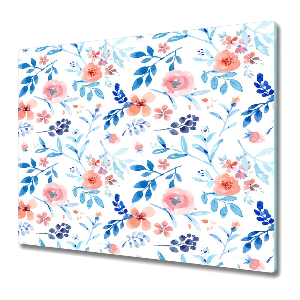 Glass Kitchen Chopping Cutting Board Watercolour Flowers Botanical Art. 60x52