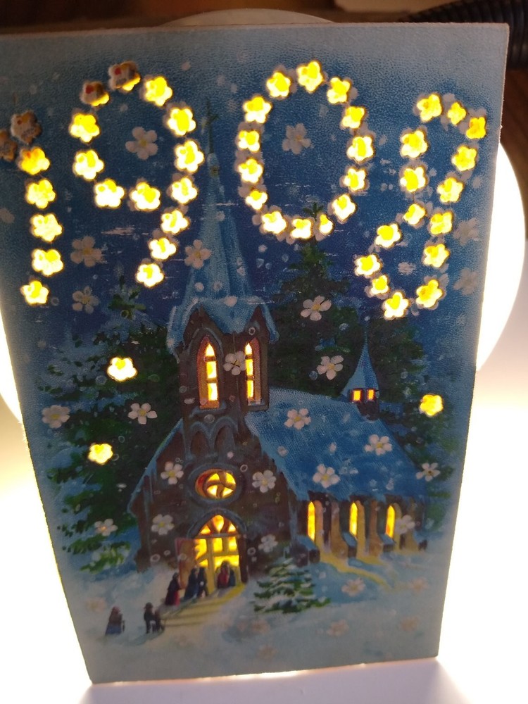 1908 New Year Hold To Light Postcard Winter Church Scene Printed Germany HTL