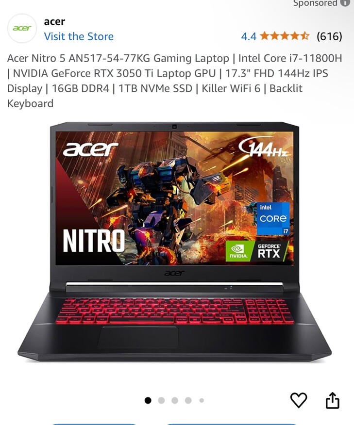 Acer Nitro 5 Gaming Laptop Intel i7-11800H RTX 3050 Ti 1TB SSD 144Hz Display-image