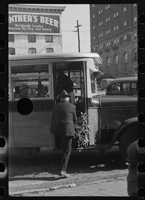 Photo:1930s City Street Bus Passengers Beer Billboard Automobile
