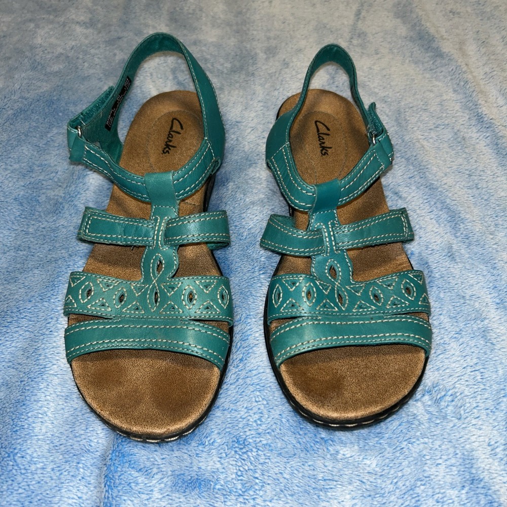Clark Womens Teal Leather Sandals Size 9M