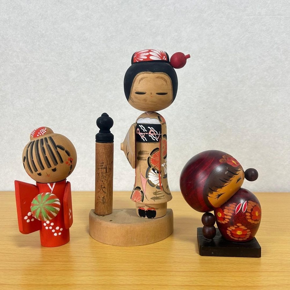 Kokeshi Showa Retro Wooden Dolls Set of 3 Max 22cm Vintage Collectible
