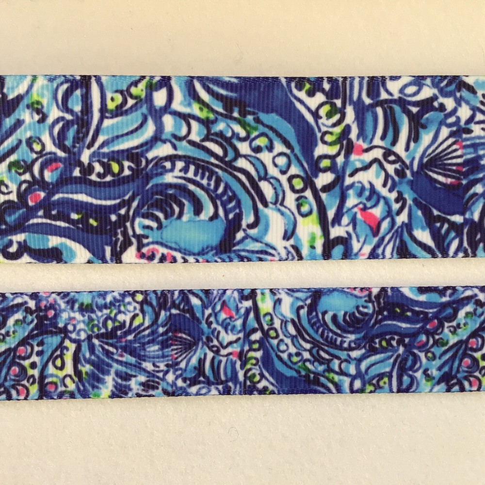 Navy blue ocean fish abstract palm beach grosgrain ribbon 7/8