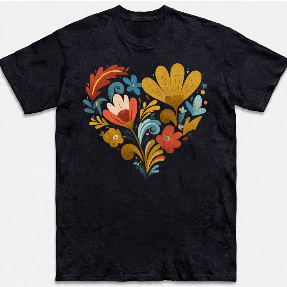 Colorful Floral Heart T-shirt Folk Art Flowers Retro Bright Nature Lover Gift Te