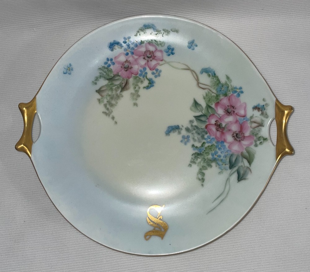 Vintage Hutschenreuther Selb Hand Painted Floral Plate W/ Handles 9 1/8” Bavaria