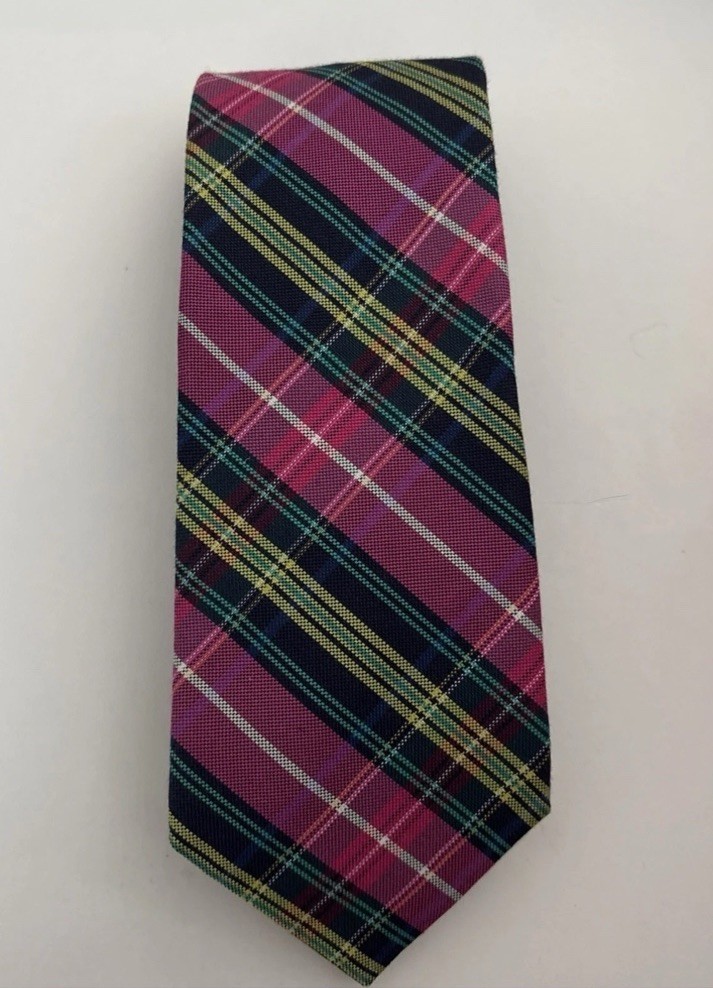 Ted Baker Plaid / Tartan Tie Pink & Green Preppy College Style Cotton &  Silk