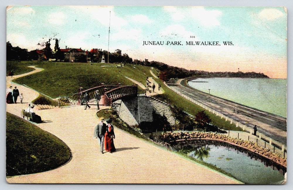 Vintage Old Outdoor Antique Postcard Park Bridge Railroad Men Lady Milwaukee Usa