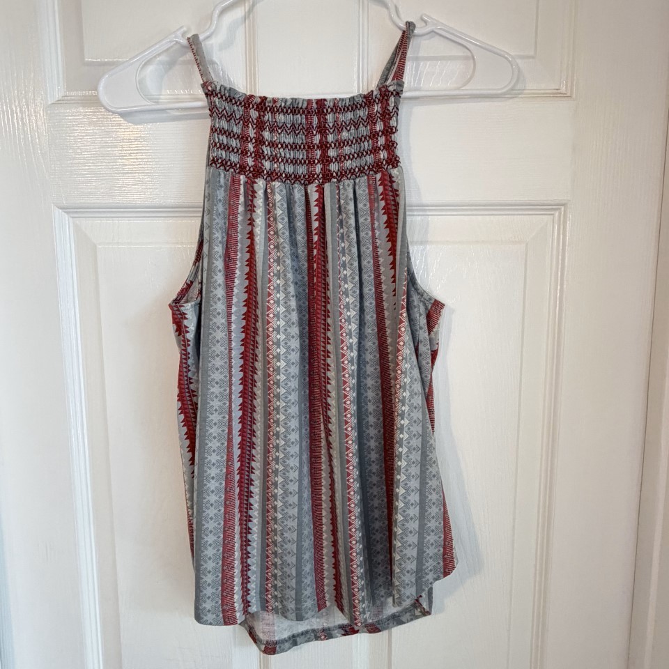 Cruel Denim Womens Smocked Southwestern Aztec Stripe Tank Top Gray Red Medium