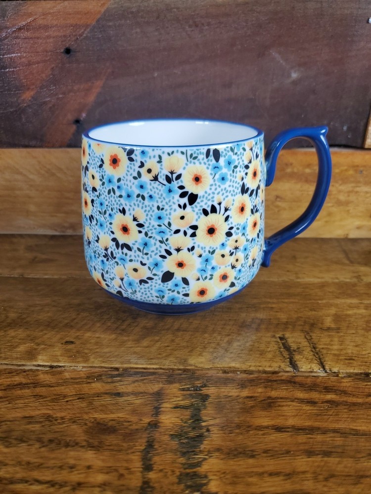 Pier 1 Imports Kioko Floral Golden Yellow Blue Flowers Mug Coffee Tea Cup