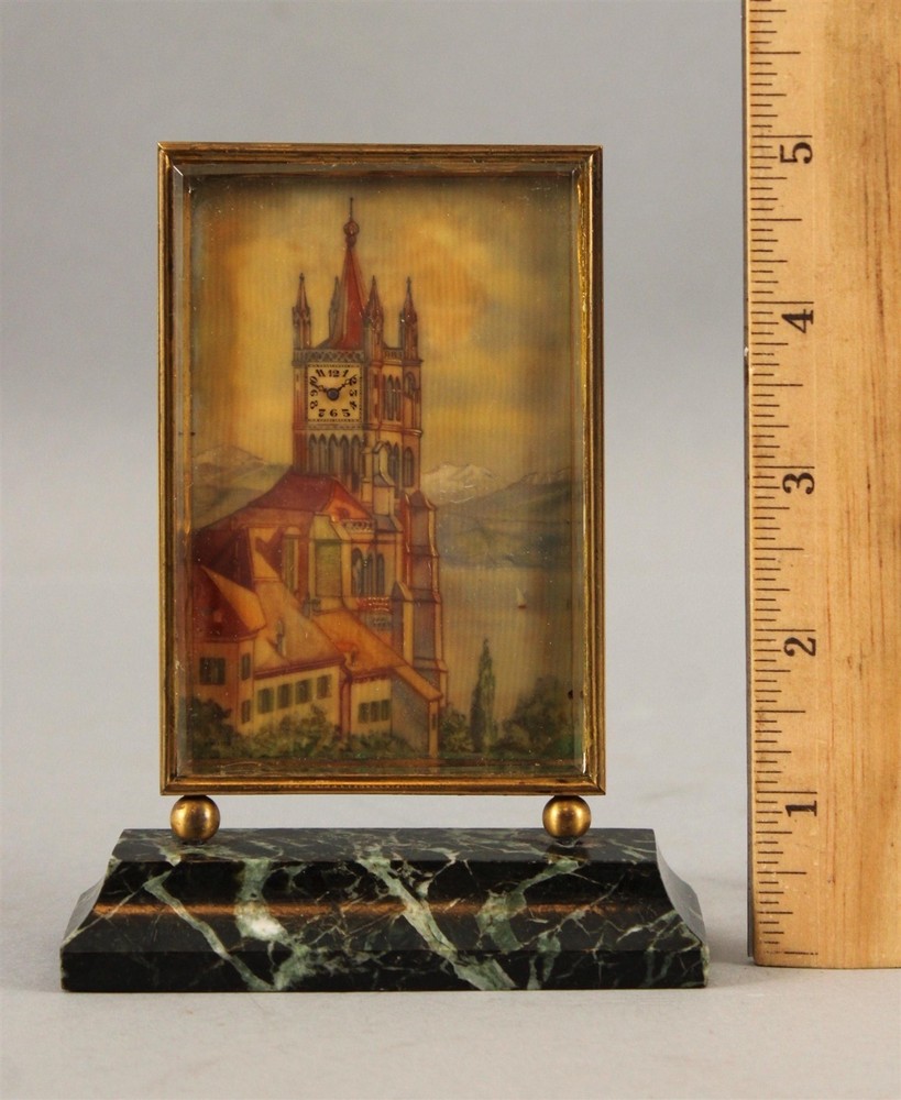 Antique Brass & Black Marble French Clock Tower Miniature Painting Desk ClockLa Tour de L'Horloge-No Reserve-Possible FREE Delivery!