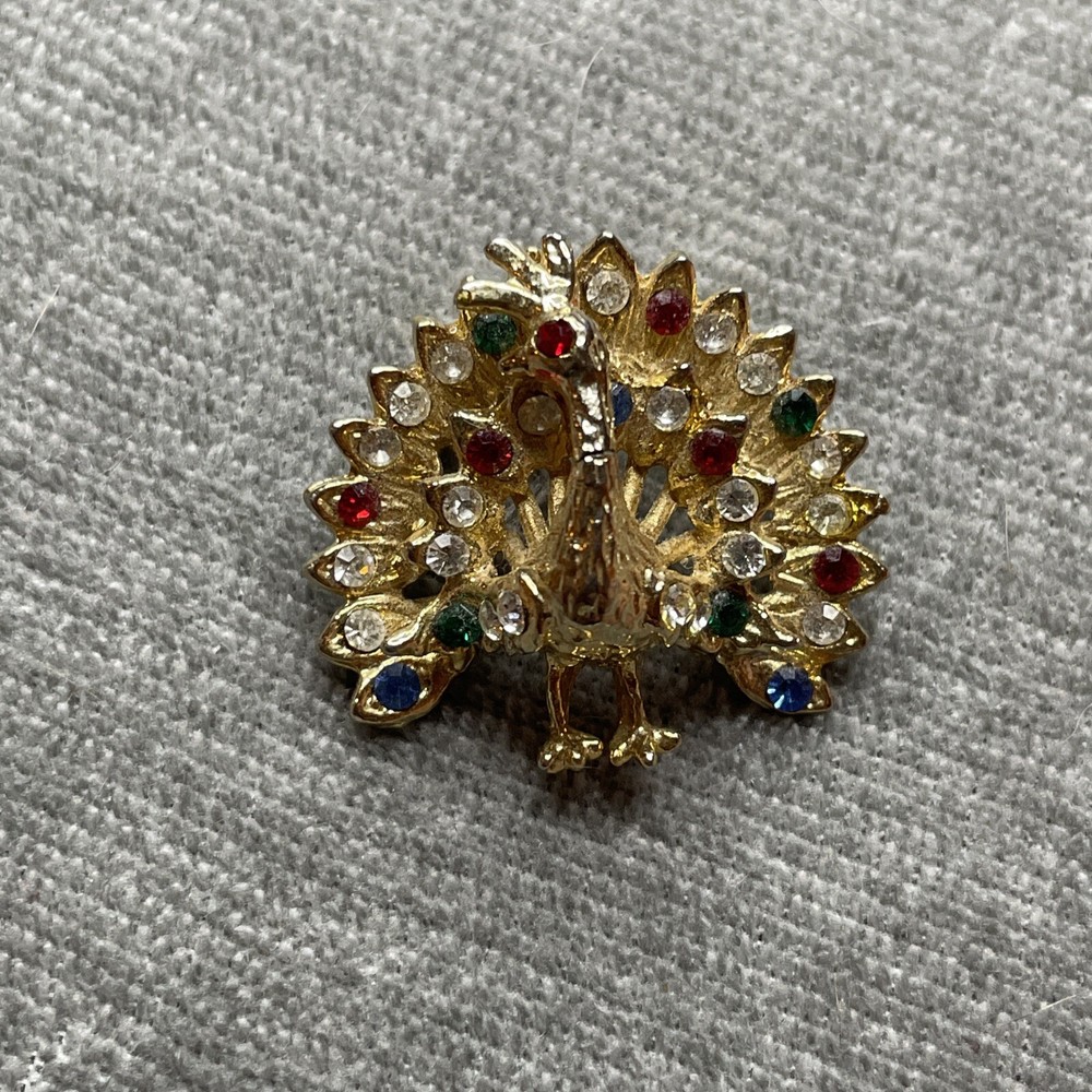 Vintage 80s Peacock Brooch gold Tone simulated gemstone Turkey Pin Colorful