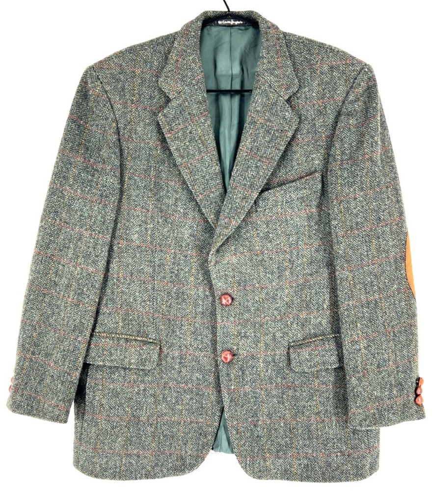 Vintage Harris Tweed Men Wool Elbow Patches Blazer Jacket Size 52 (44