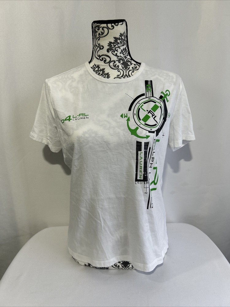 Lauren Ralph Lauren LRL Logo Top T Shirt Womens Sz L White Green Blue