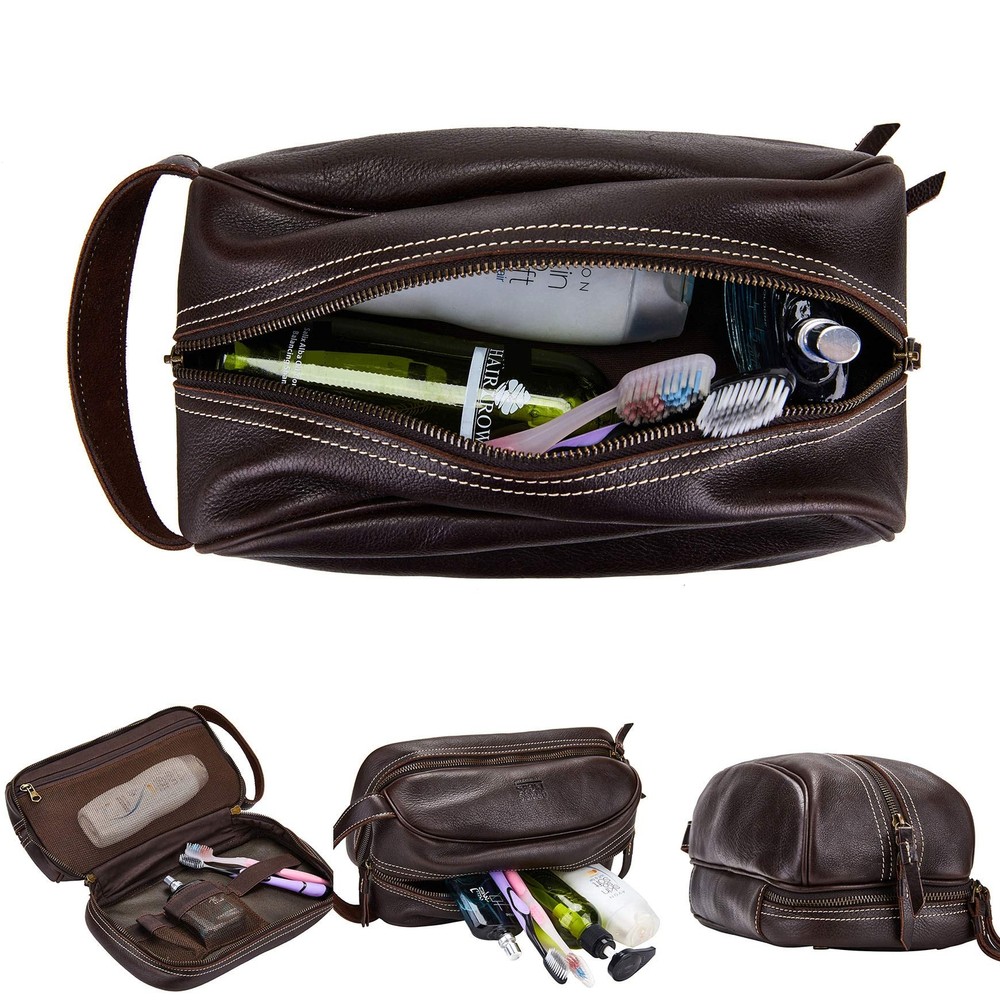 Genuine Leather Water-Resistant Travel Toiletry Organizer Shaving Dopp Kit
