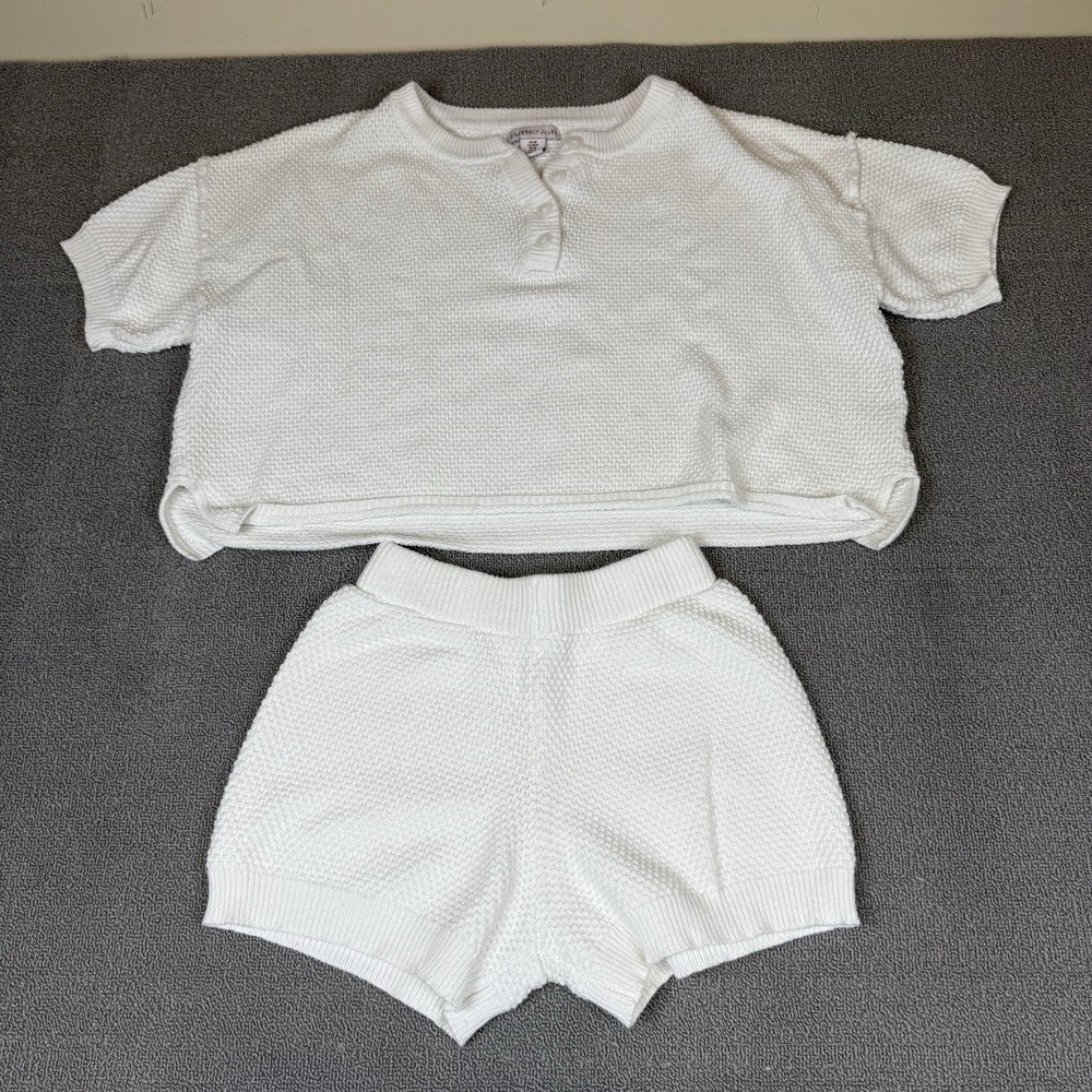 SINCERELY JULES Womens White Waffle Knit 2 Piece Set Cropped Short Sleeve Top