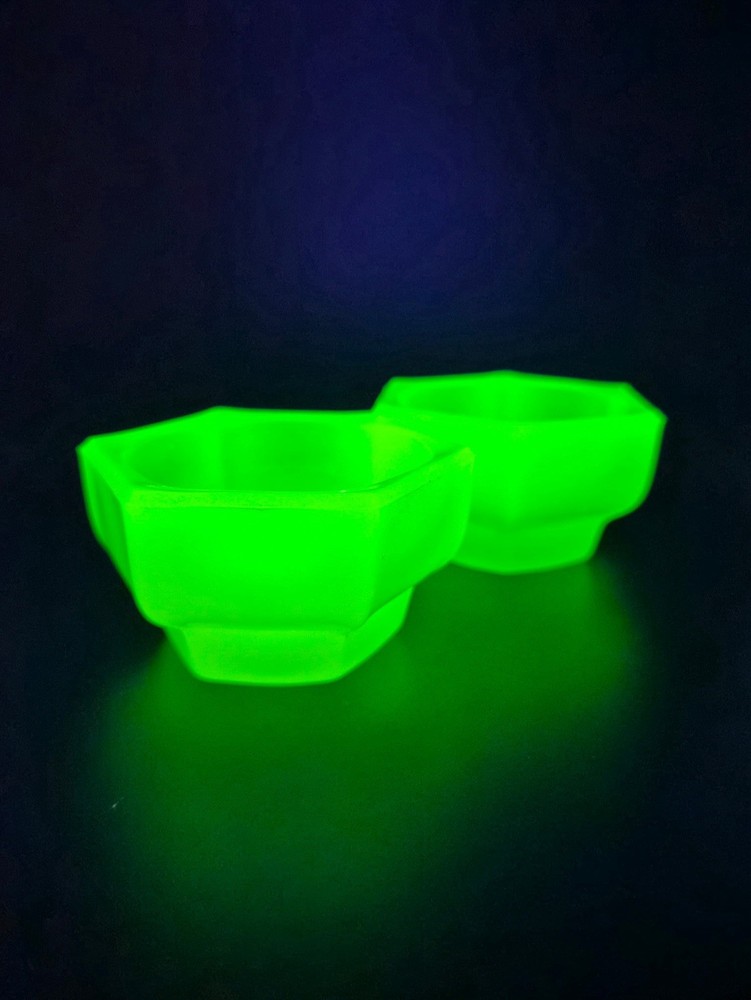 Opaline Portieux Vallerysthal France Uranium Glass Tealight Holders (It glows!)