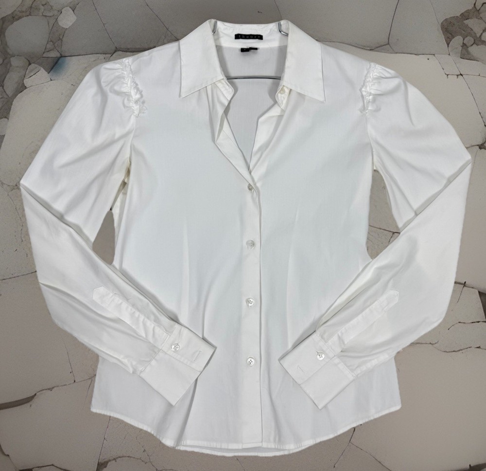 Theory Fitted Stretchy Long Sleeve White Button Up Shirt Rough Edge Detail Sz S