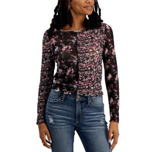 Crave Fame Juniors' Floral-Print Mesh Top - Black Combo Size XL
