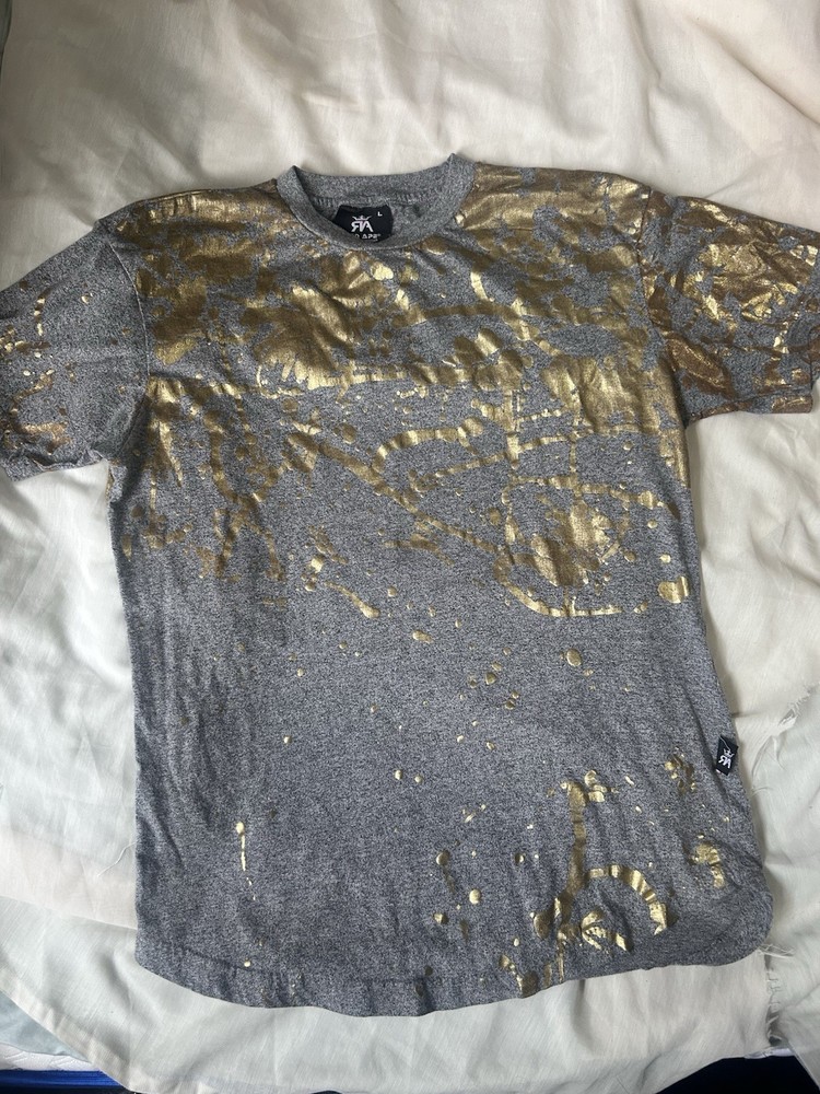 Vintage Gold Splatter Grey Red Ape Men’s EUC T-Shirt Size L Big Y2K Graphic Hip