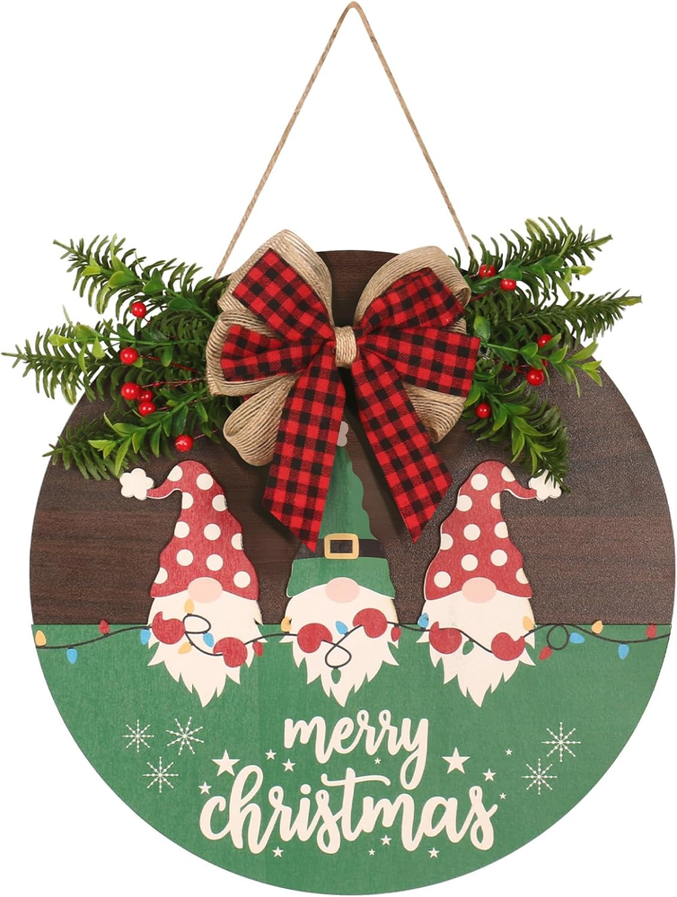Christmas Wreaths for Front Door, Rustic Wooden round Merry Christmas Gnome Sign